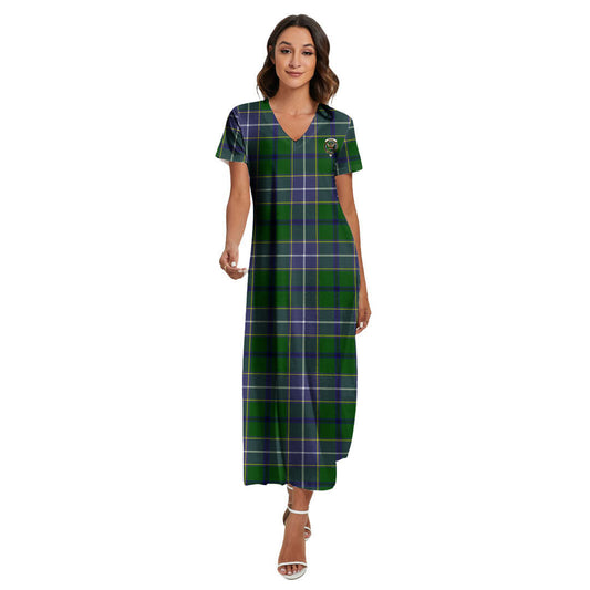 Wishart Hunting Modern Tartan Crest V-neck Dress Side Slit