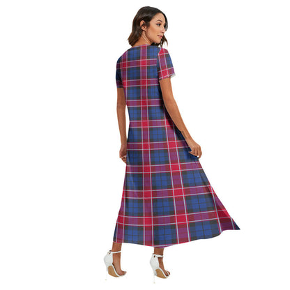 Graham of Menteith Red Tartan Crest V-neck Dress Side Slit