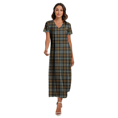 Gordon Weathered Tartan Crest V-neck Dress Side Slit