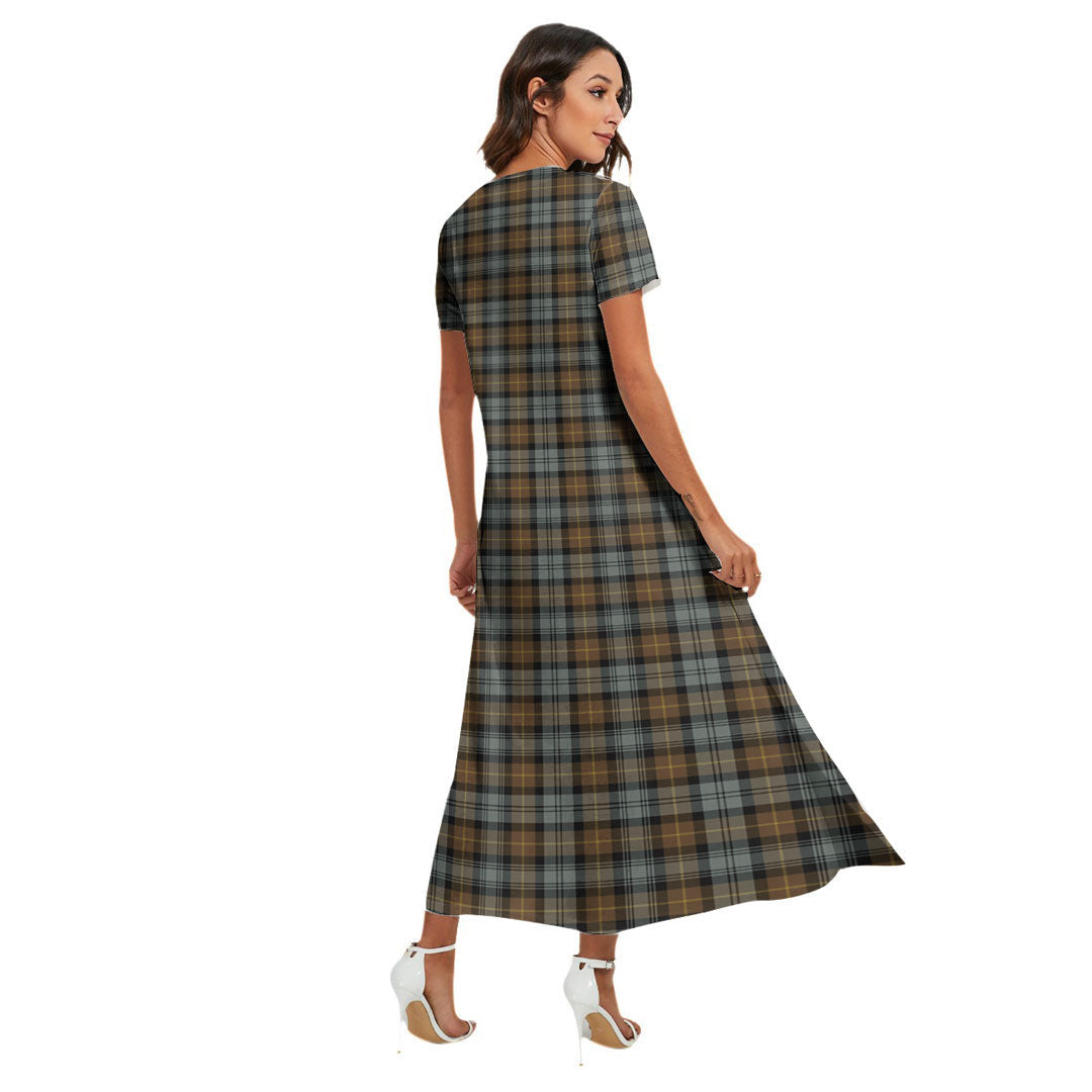 Gordon Weathered Tartan Crest V-neck Dress Side Slit