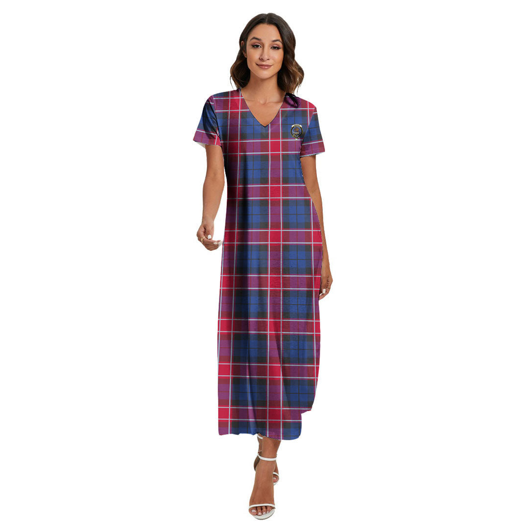 Graham of Menteith Red Tartan Crest V-neck Dress Side Slit