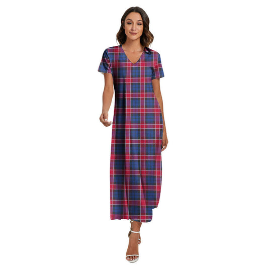 Graham of Menteith Red Tartan Plaid V-neck Dress Side Slit