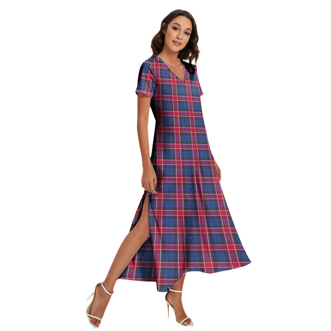 Graham of Menteith Red Tartan Plaid V-neck Dress Side Slit