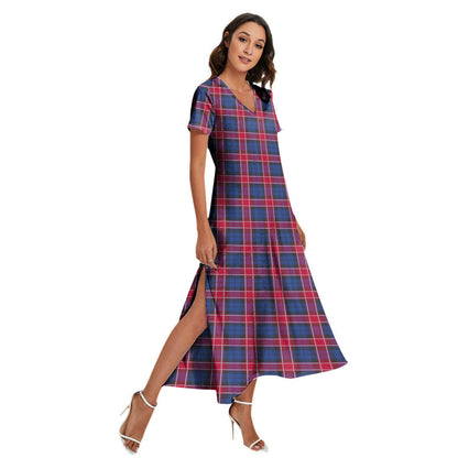 Graham of Menteith Red Tartan Plaid V-neck Dress Side Slit