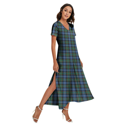 MacRae Hunting Ancient Tartan Plaid V-neck Dress Side Slit