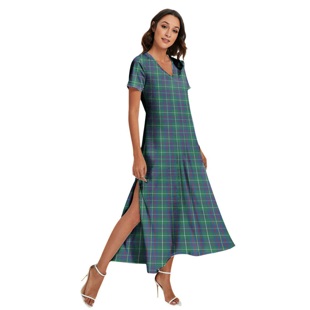 Inglis Ancient Tartan Plaid V-neck Dress Side Slit