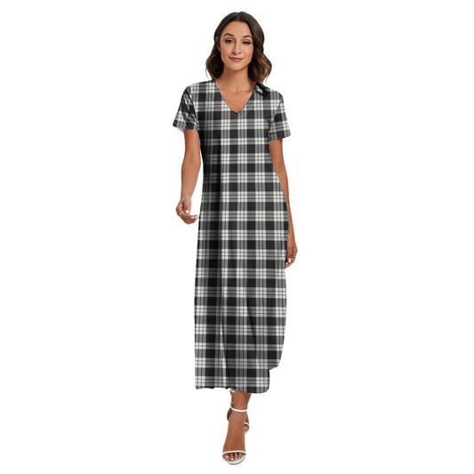 MacFarlane Black White Ancient Tartan Plaid V-neck Dress Side Slit