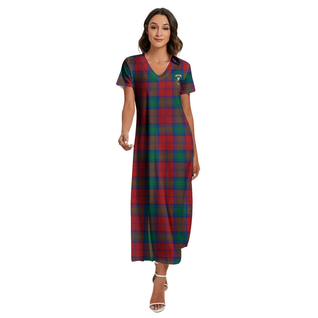 Lindsay Modern Tartan Crest V-neck Dress Side Slit