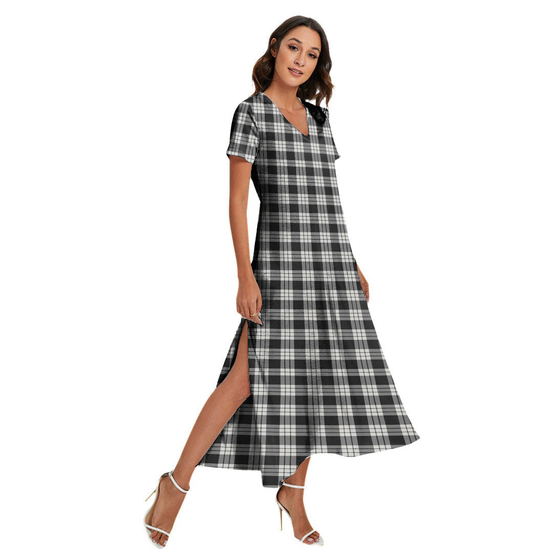 MacFarlane Black White Ancient Tartan Plaid V-neck Dress Side Slit