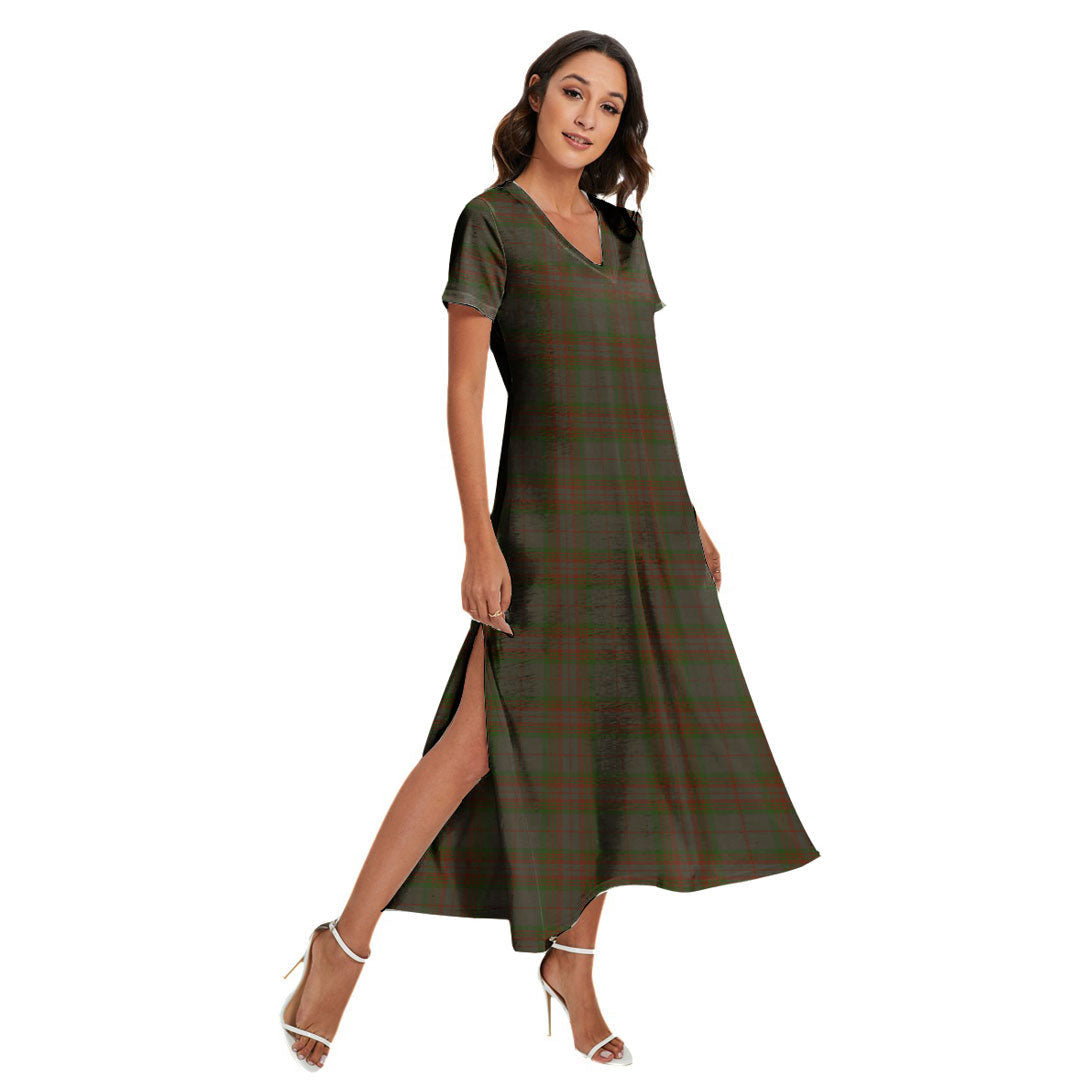 Gray Tartan Plaid V-neck Dress Side Slit