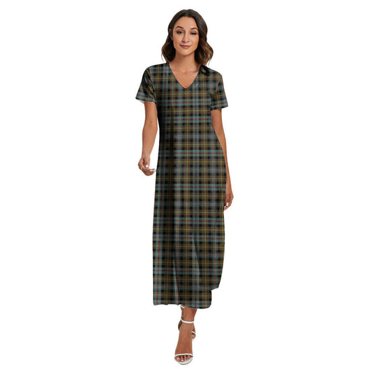 Farquharson Weathered Tartan Plaid V-neck Dress Side Slit