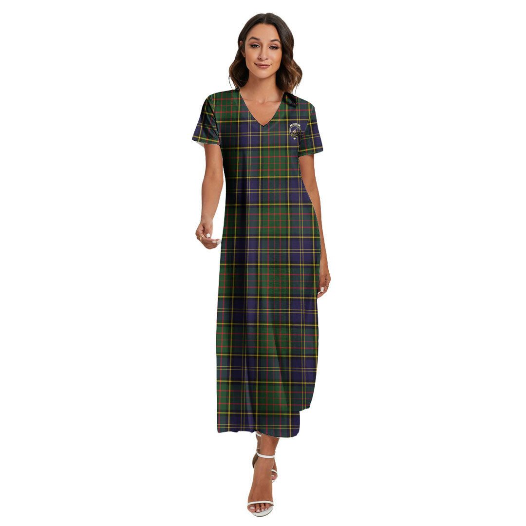 MacMillan Hunting Modern Tartan Crest V-neck Dress Side Slit