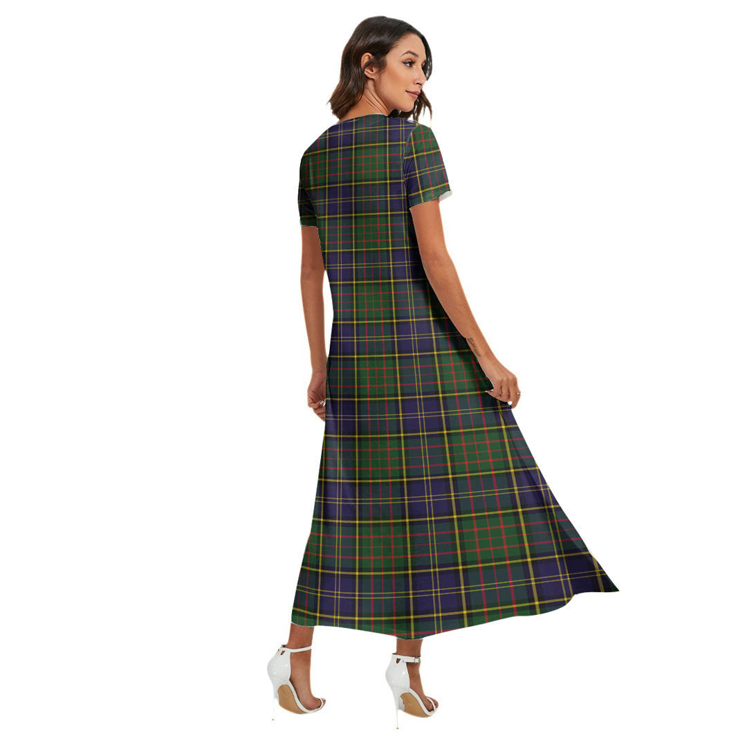 MacMillan Hunting Modern Tartan Crest V-neck Dress Side Slit