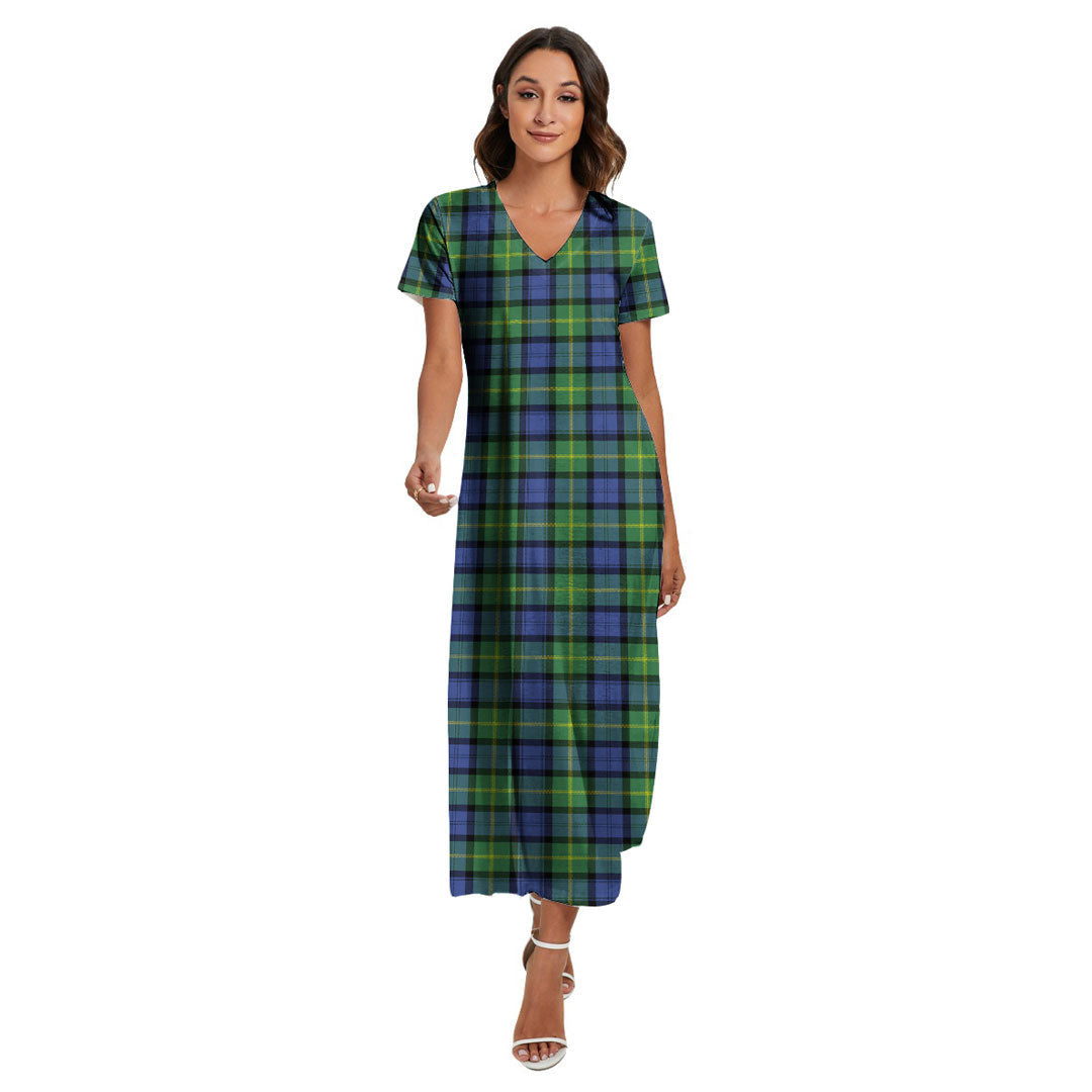 Gordon Old Ancient Tartan Plaid V-neck Dress Side Slit