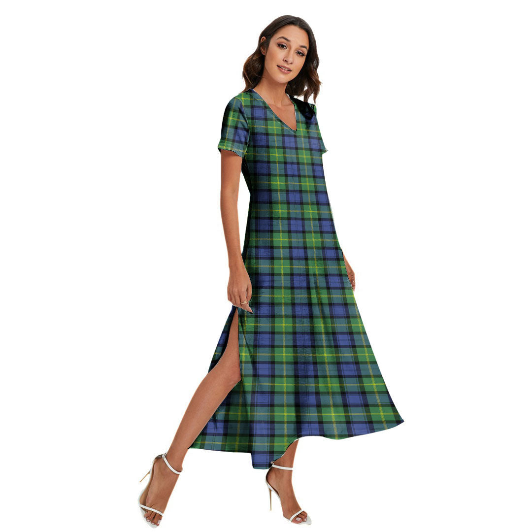 Gordon Old Ancient Tartan Plaid V-neck Dress Side Slit