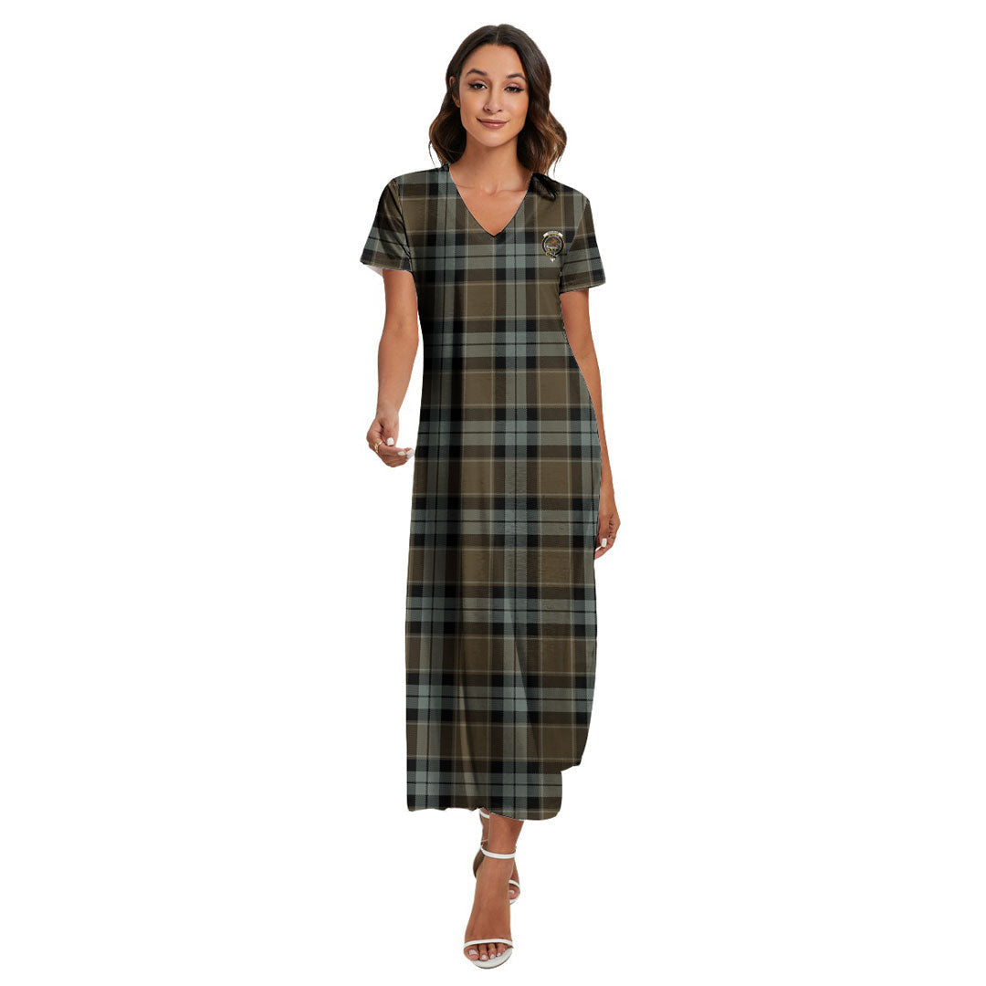 Graham of Menteith Weathered Tartan Crest V-neck Dress Side Slit