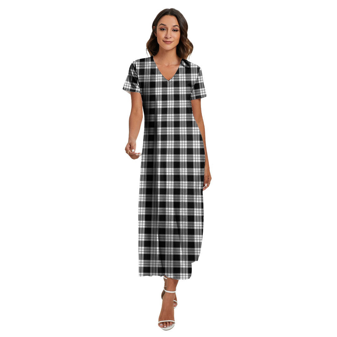 MacFarlane Black White Tartan Plaid V-neck Dress Side Slit