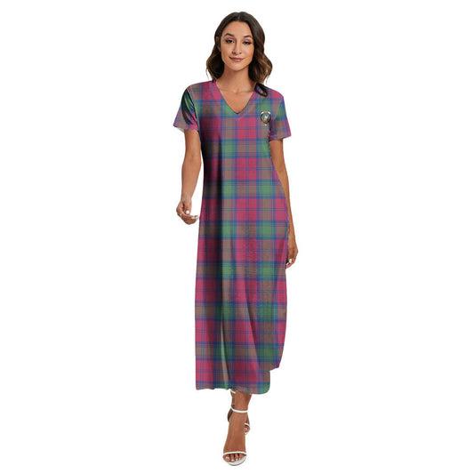 Lindsay Ancient Tartan Crest V-neck Dress Side Slit