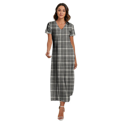 Scott Black White Ancient Tartan Plaid V-neck Dress Side Slit