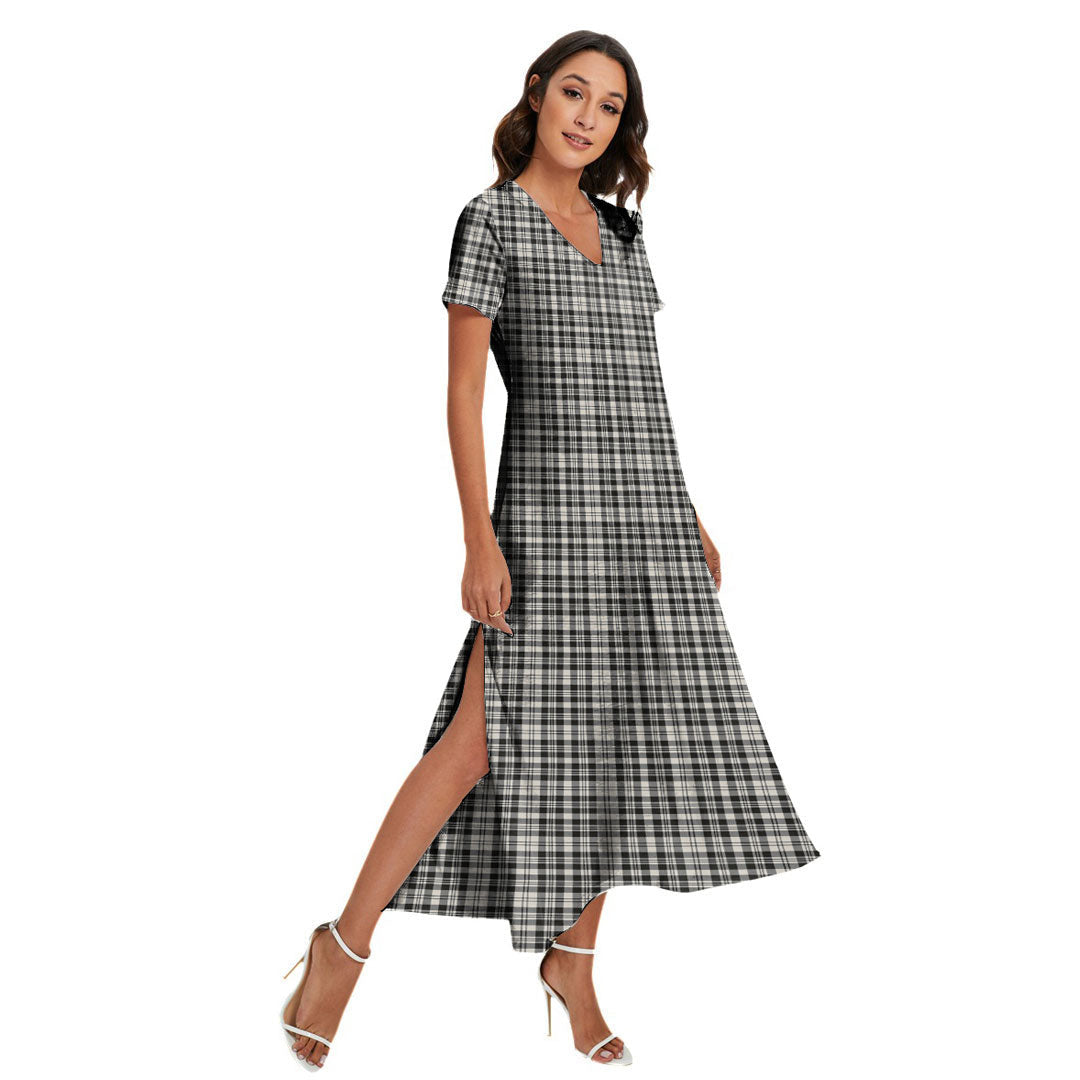 Scott Black White Ancient Tartan Plaid V-neck Dress Side Slit