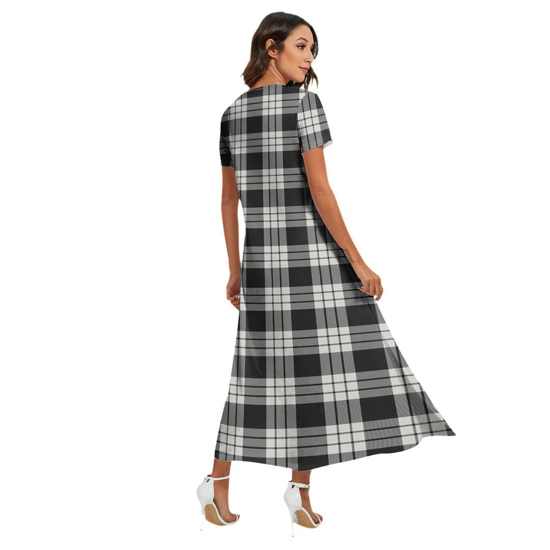 MacFarlane Black White Ancient Tartan Crest V-neck Dress Side Slit