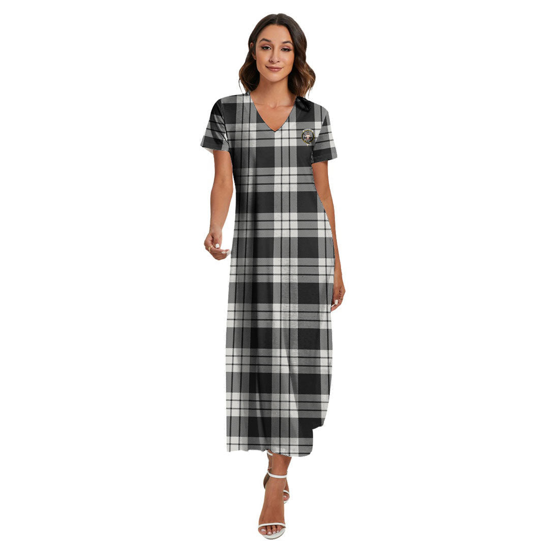 MacFarlane Black White Ancient Tartan Crest V-neck Dress Side Slit