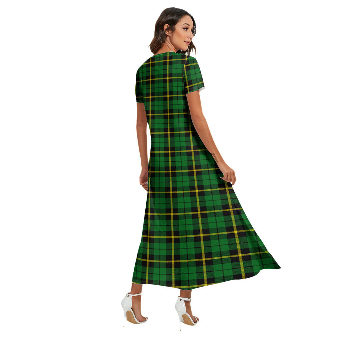 Wallace Hunting Green Tartan Crest V-neck Dress Side Slit