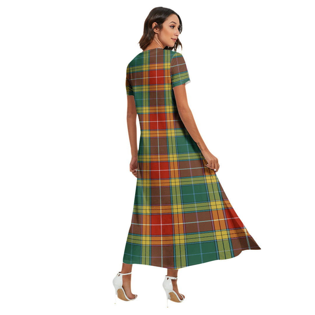 Buchanan Old Sett Tartan Crest V-neck Dress Side Slit