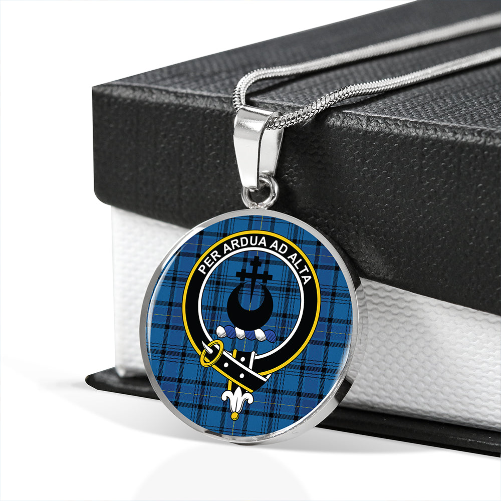 Hannay Blue (Haney Blue) Modern Tartan Crest Circle Necklace