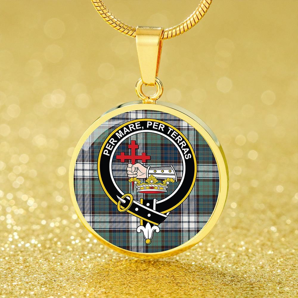 MacDonald Dress Muted Blue Special Weathered Tartan Crest Circle Necklace
