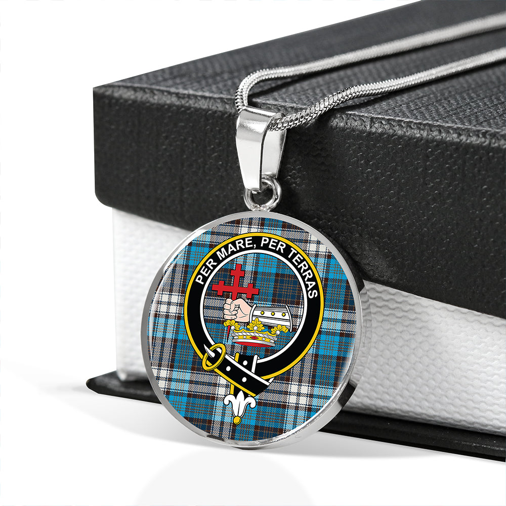 MacDonald Dress Muted Blue Special (Donald Dress Muted Blue Special) Modern Tartan Crest Circle Necklace