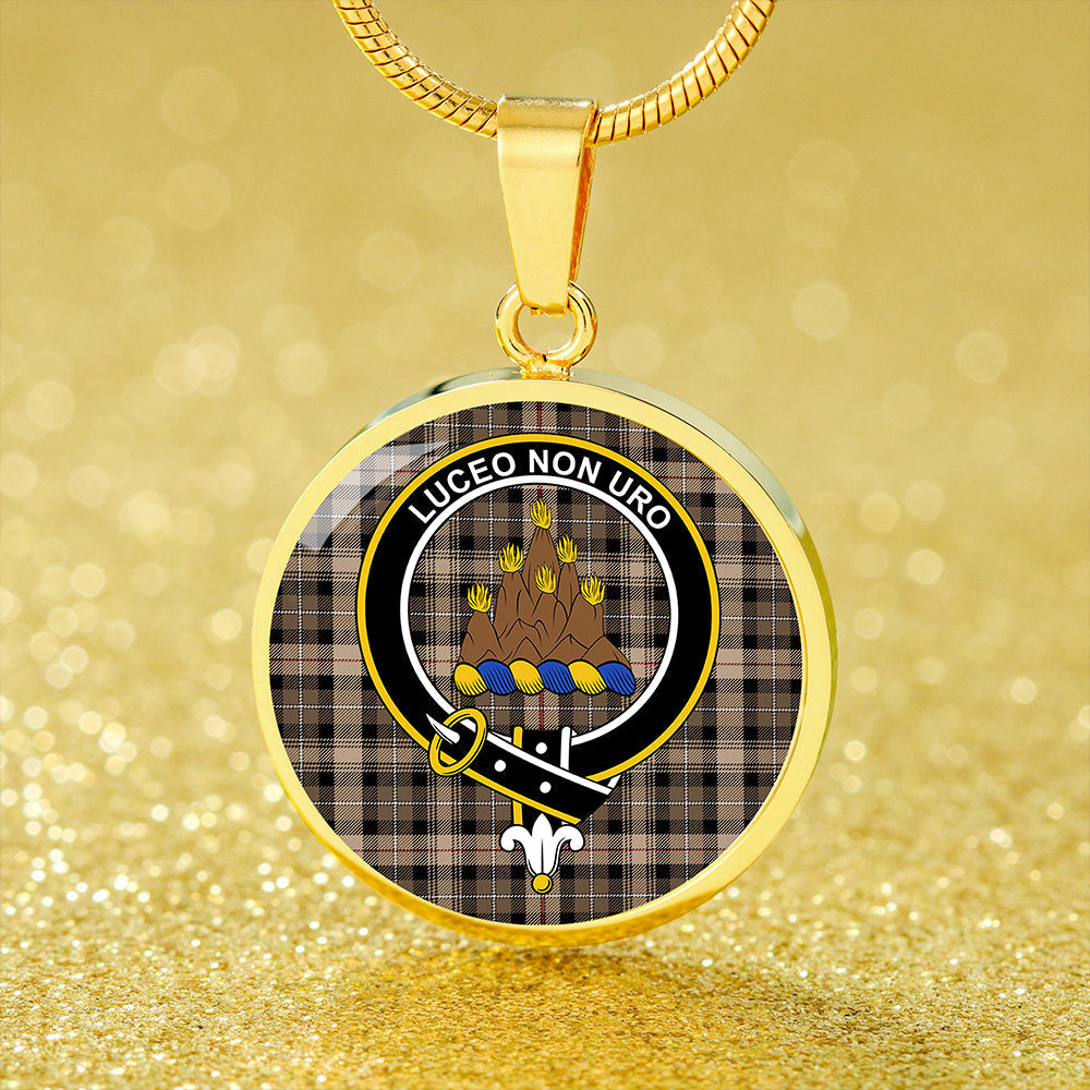 MacKenzie Hunting; Brown Modern Tartan Crest Circle Necklace