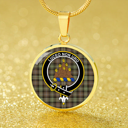 MacKenzie Hunting; Brown Weathered Tartan Crest Circle Necklace