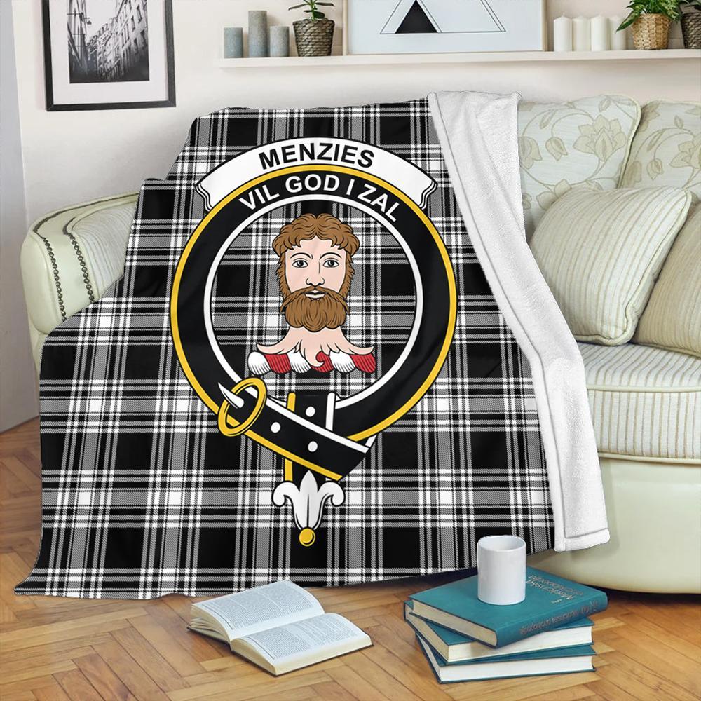 Menzies Black & White Modern Tartan Crest Premium Blanket