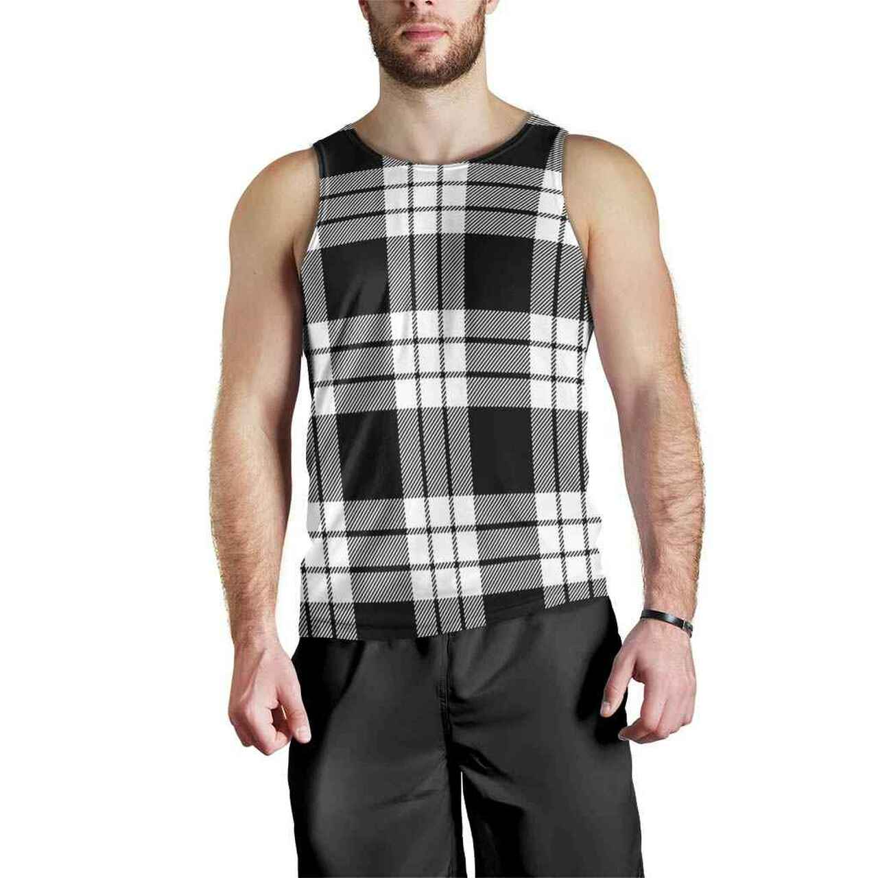 MacFarlane Black & White Tartan Plaid Men Tank Top