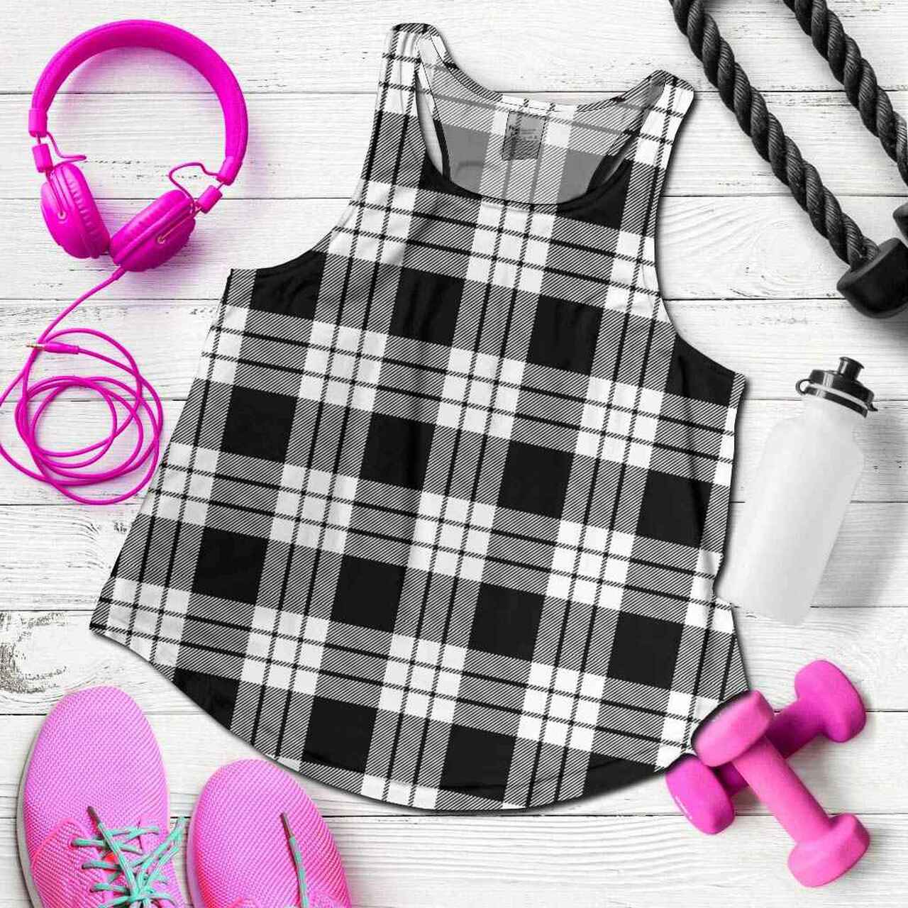 MacFarlane Black & White Tartan Plaid Women Racerback Tank